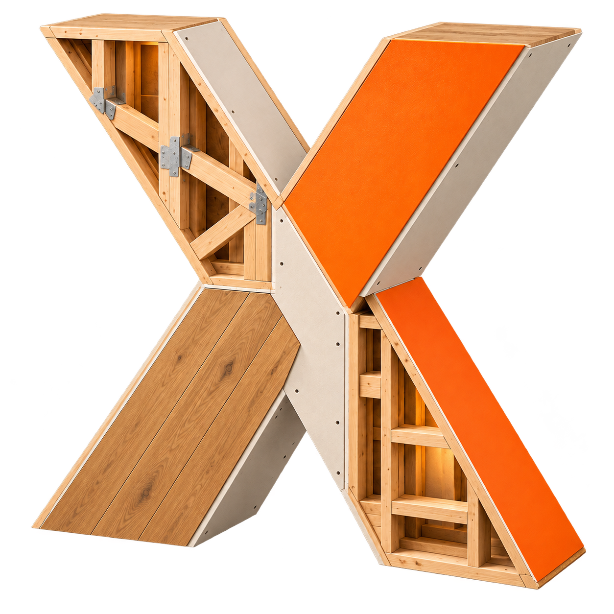 Concept illustration: an X under construction with exposed timber framing, drywall and orange finished panels
